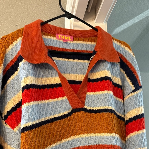 THML Sweaters - THML Women's V-Neck Sweater - Orange, Blue, Red Stripes